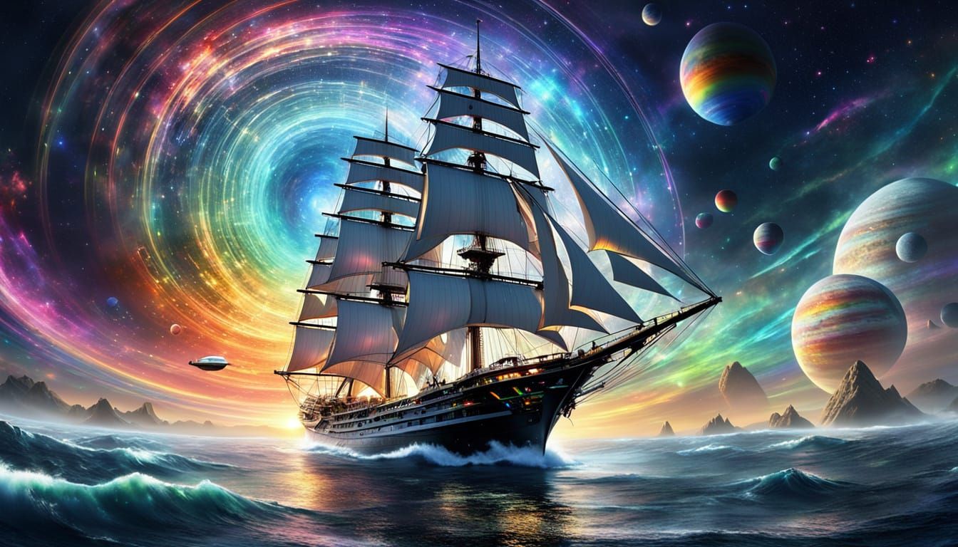 Ethereal Space Sail Ship Cruises Through Rainbow Wormhole