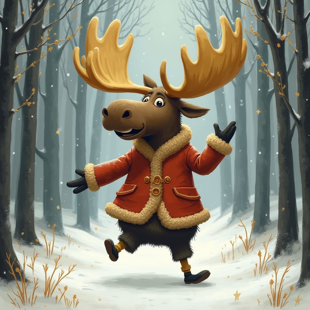 Moose with Golden Antlers Dancing in Snowy Forest