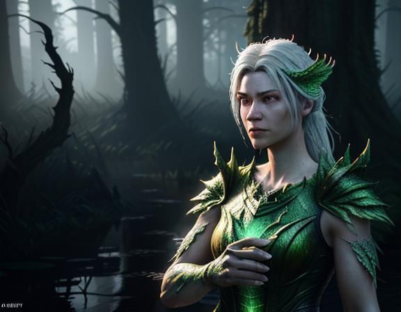 Female Amphiboid in Eerie Swamp, 3D Game Graphics