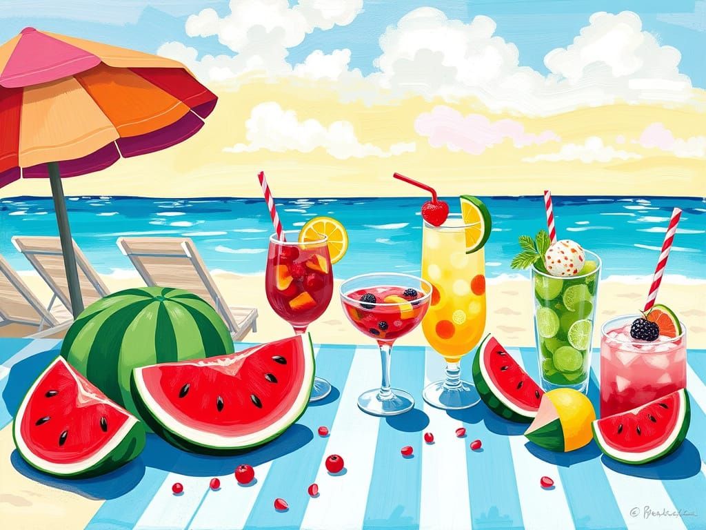 Colorful Beach Scene in Hockney Style