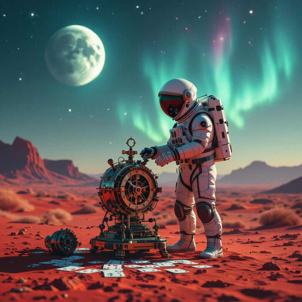Astronaut on Crimson Desert Assembling Clockwork Device
