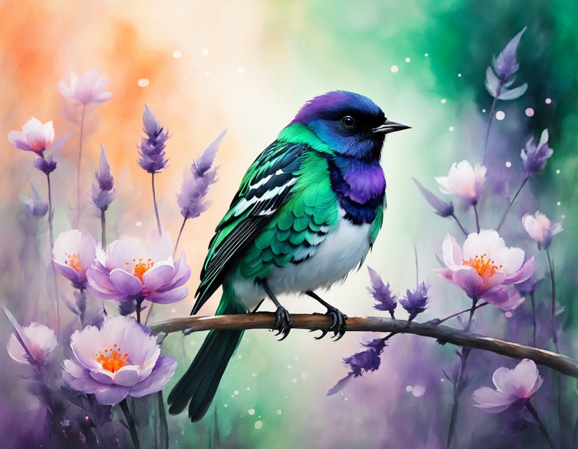 Edo Bird Perched in Watercolor Mist