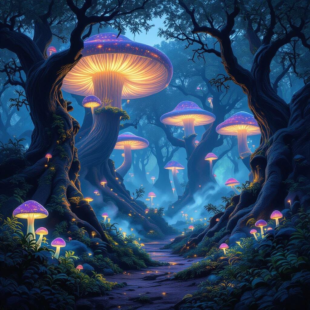 Bioluminescent Forest at Twilight with Glowing Mushrooms