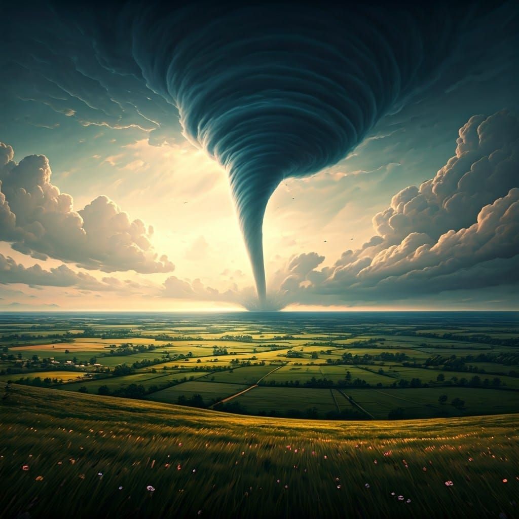 Countryside Landscape with Distant Tornado, Detailed Matte P...