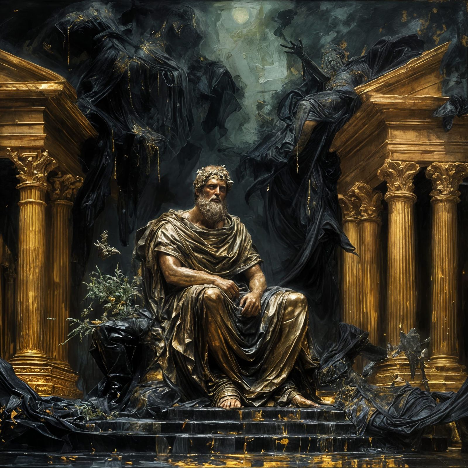God Saturn sitting on his throne in the Temple of Saturn