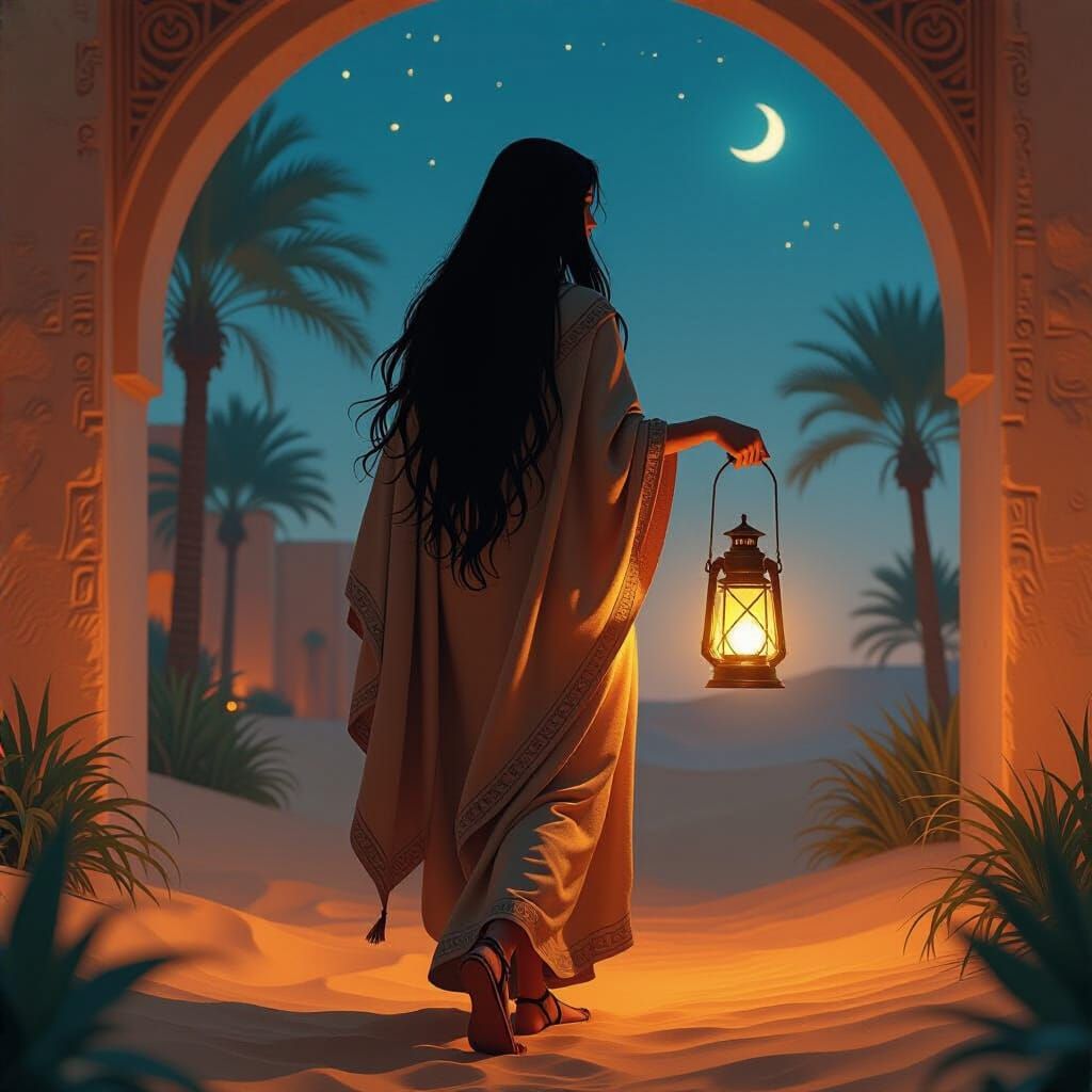 A mystical Egyptian woman with long black hair and light bro...