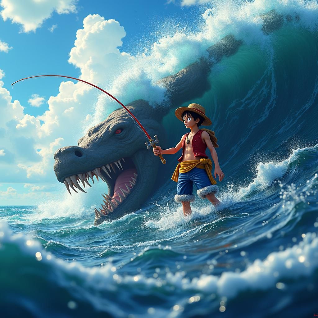 Monkey D. Luffy Fishing in Anime Style
