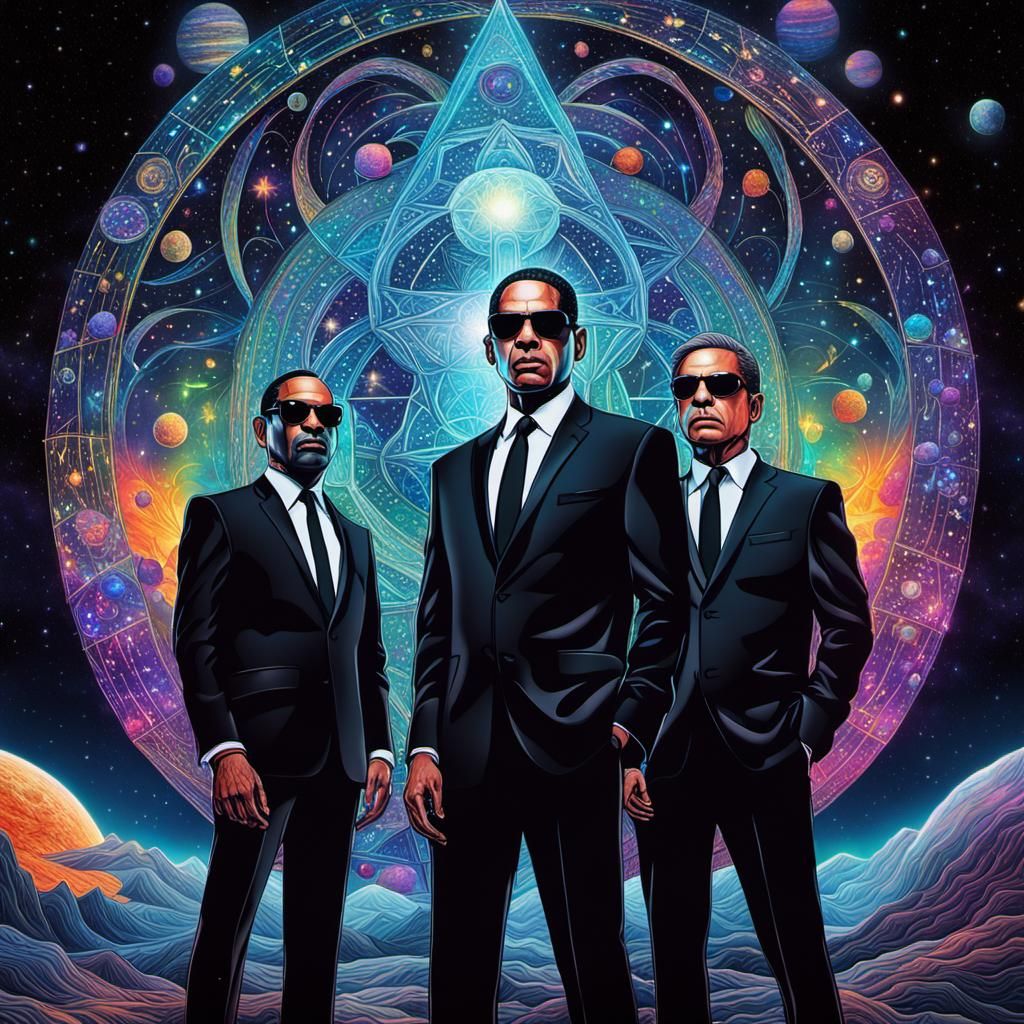 Astral Men in Black: Holographic Cosmic Illustration