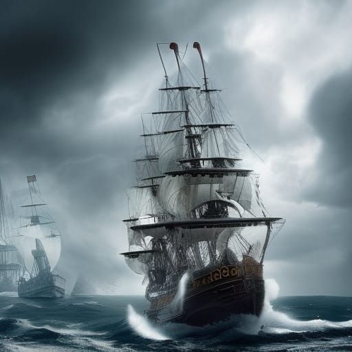Pirate Crew Captures Ship in Stormy Digital Painting