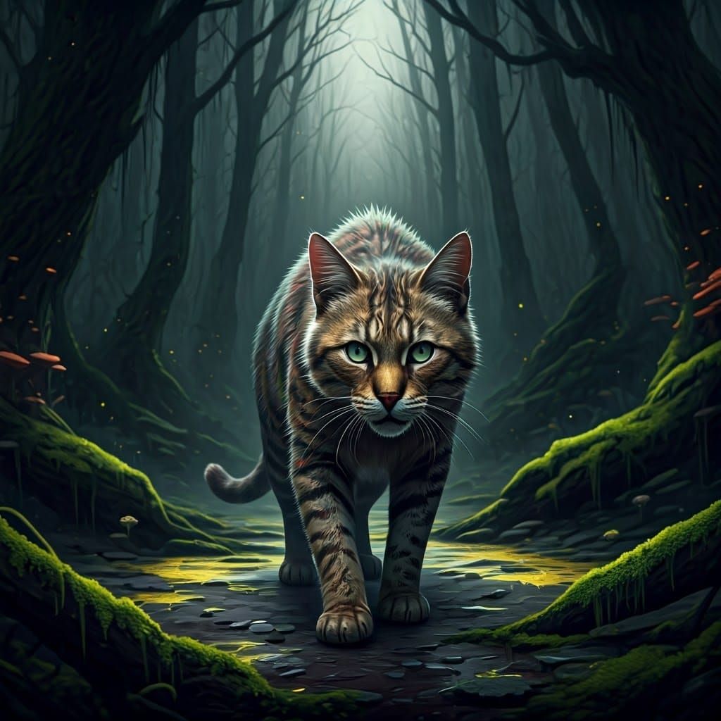 Battle-Scarred Cat in Dark Fantasy Forest