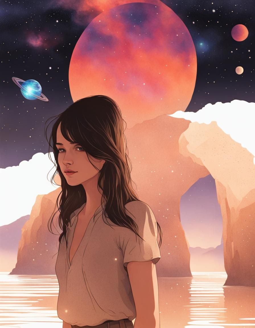 Cosmic Beach Adventure with Young Woman