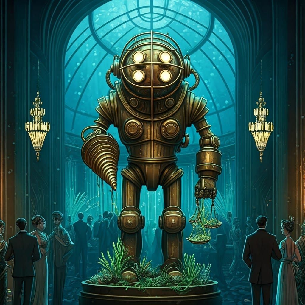 Art Deco Robot in Opulent Underwater Ballroom