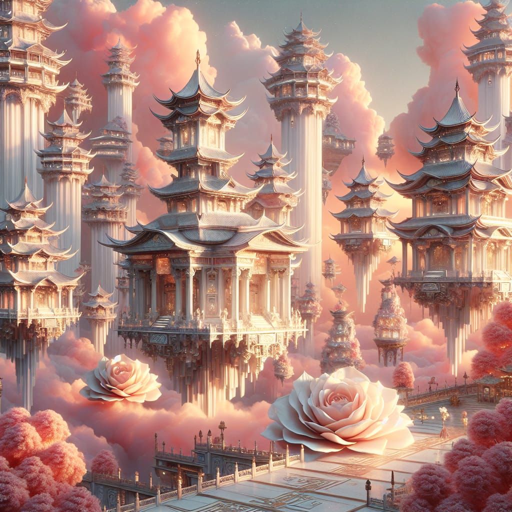 Floating Palaces in Pink Clouds: A Fantasy Scene
