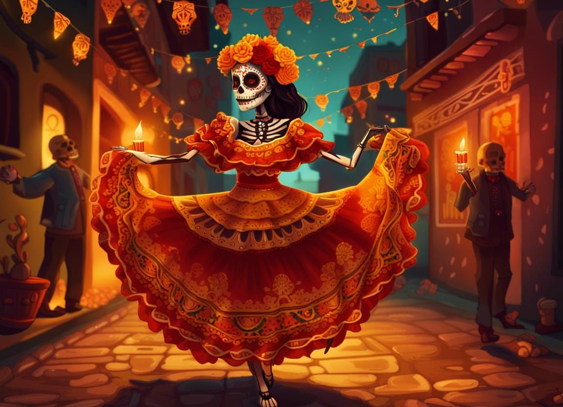 Calavera Dancing in Street on Dia de los Muertos