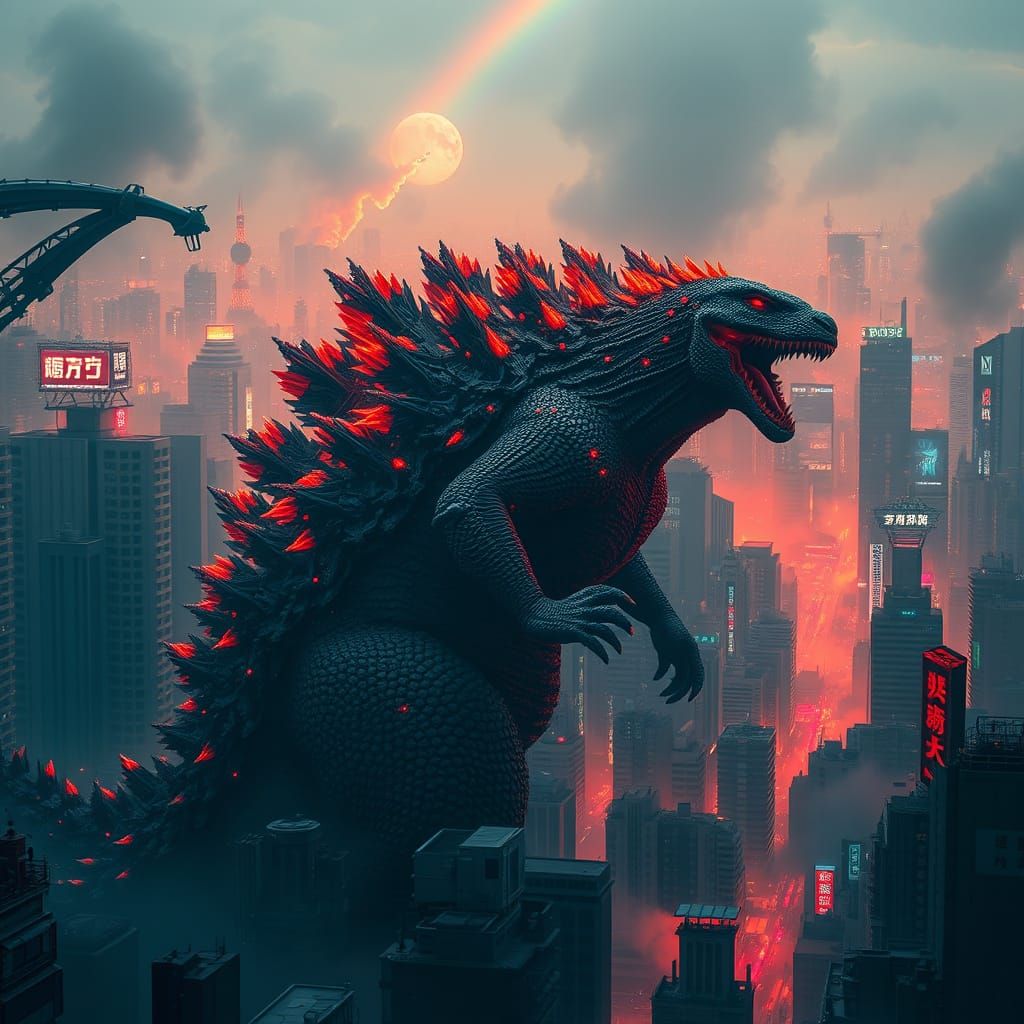 Godzilla Rampage in Dark Fantasy Biomechanical Style