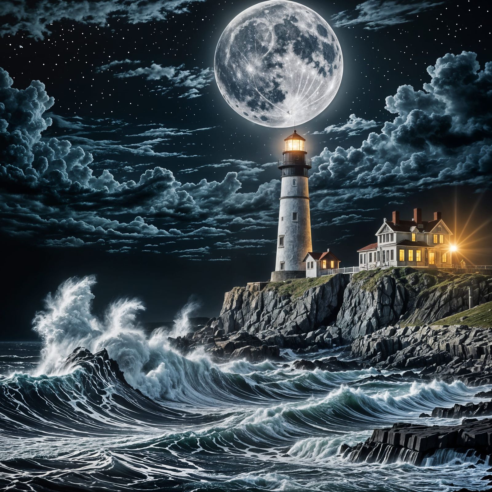 Moonlit Lighthouse Amidst Crashing Waves: Impressionistic Se...