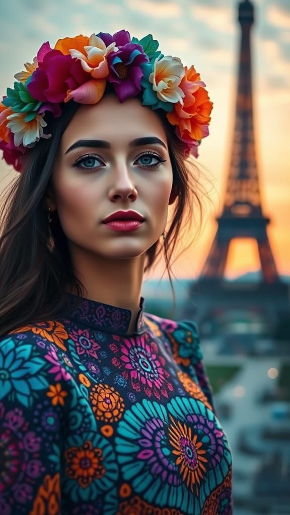 Surreal Portrait of a Young Woman in a Vibrant Flower Crown