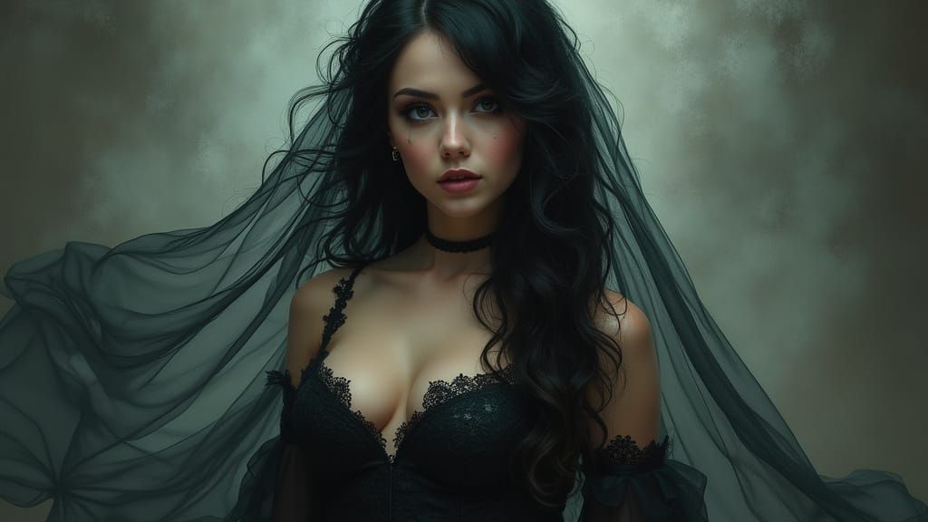 Gothic Romance Gown With Intense, Mysterious Eyes