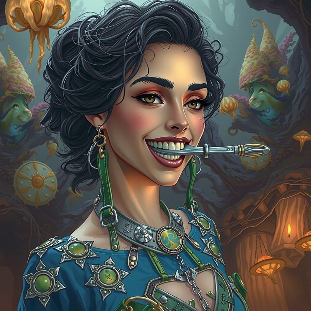 Woman in Earth-Toned Leather, Holding Crescent Wrench, Amids...