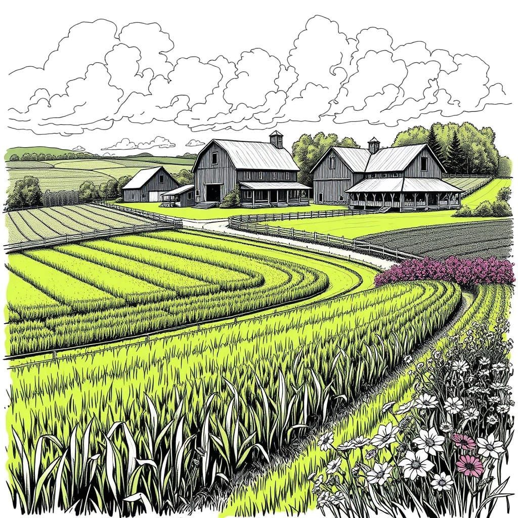 Thriving Farm in Black and White Sketch Style