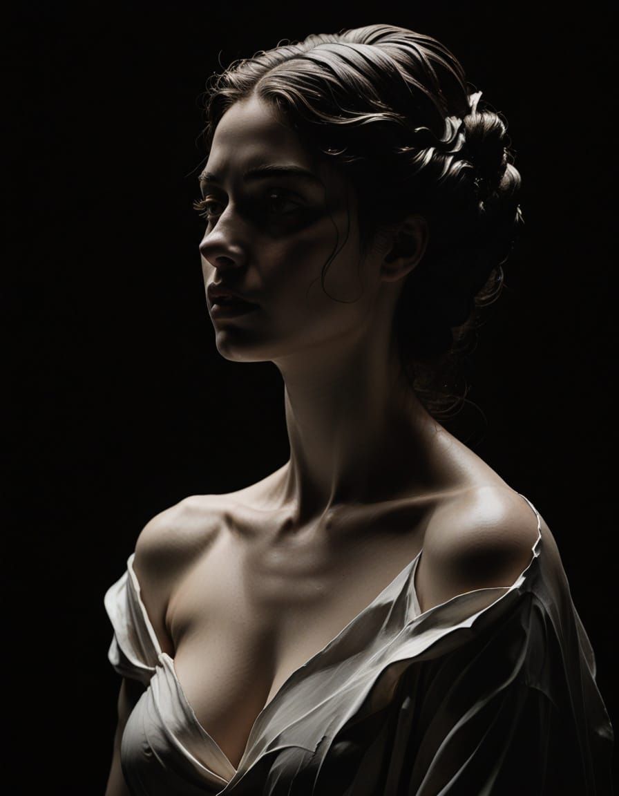 Ethereal Woman Emerging from Darkness in Chiaroscuro Masterp...