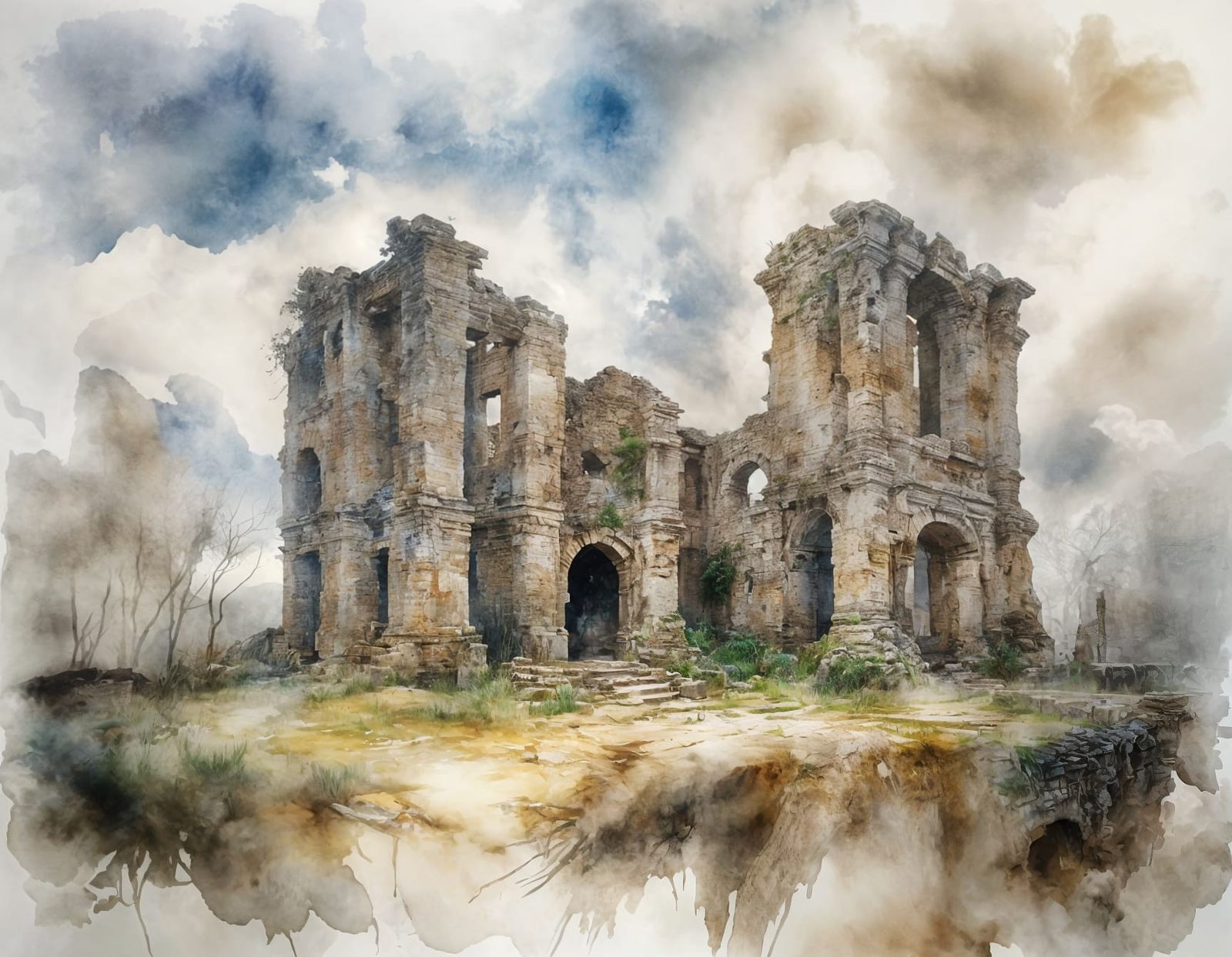 Ethereal Watercolour Ruins in Cinematic Style
