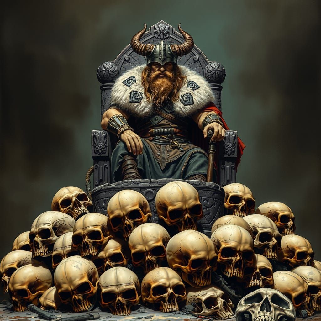 Barbarian King on Skull Throne in Gritty Fantasy Art