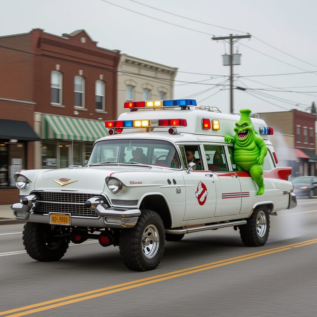 Ghostbusters Ambulance Chasing Slimer on Staten Island
