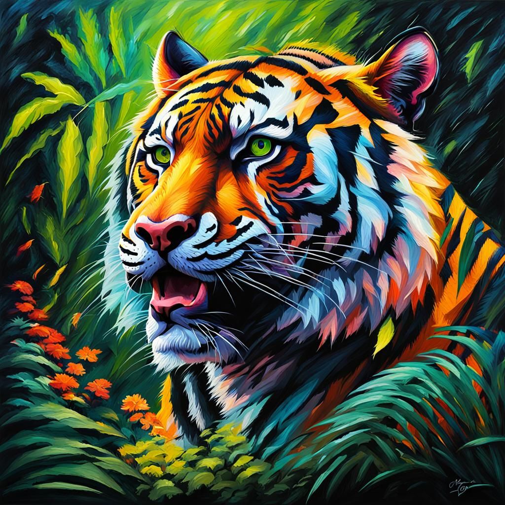 Tiger Speed Painting with Palette Knife in Noir Style