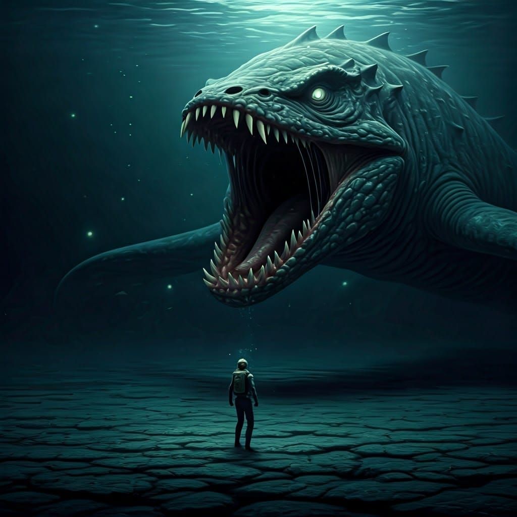 Diver Confronts Sea Monster in Gothic Horror Style