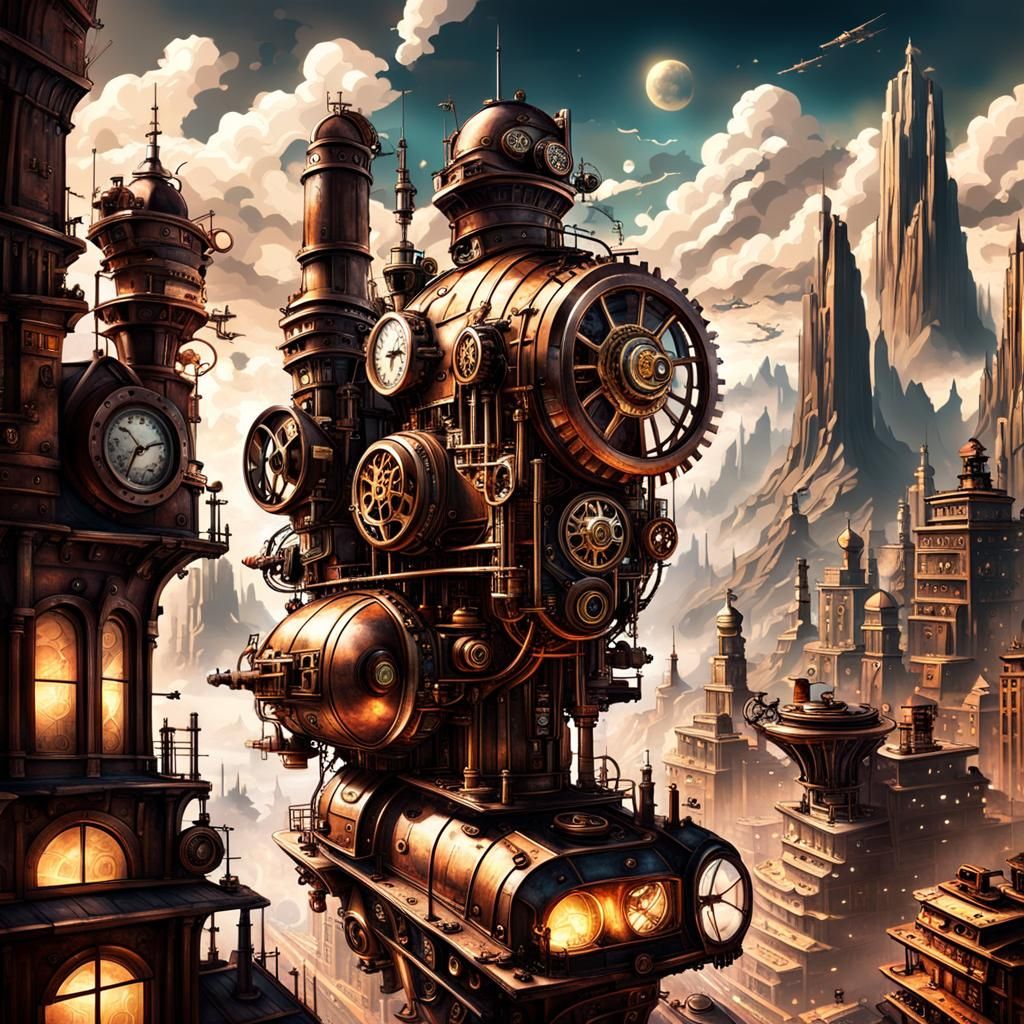 Steampunk Cityscape with Flying Trains and Neon