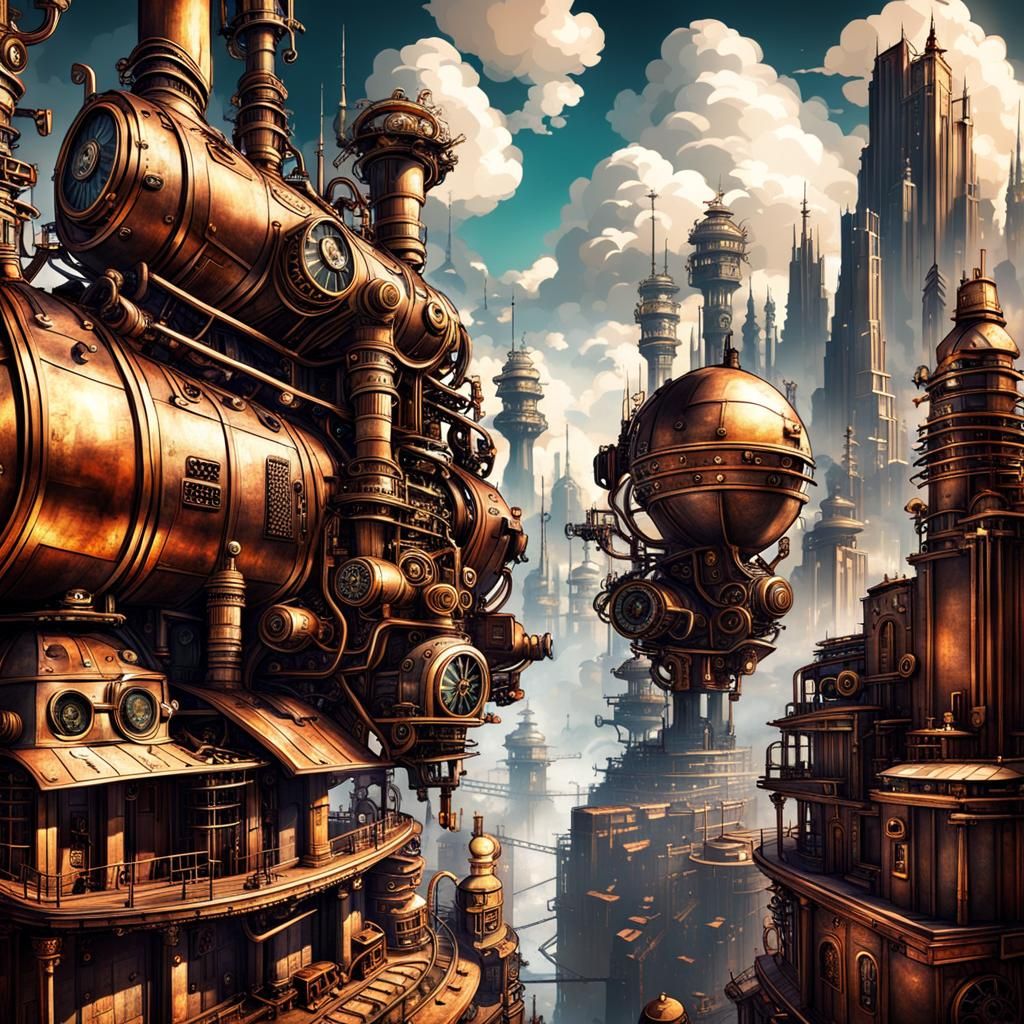 Steampunk Cityscape with Flying Trains and Neon Billboards
