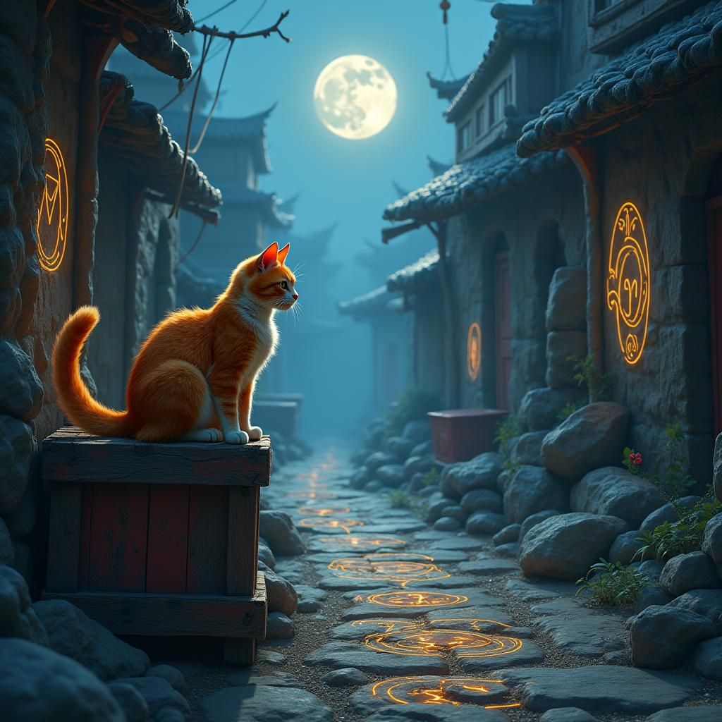 Mystical Orange Cat on Moonlit Street