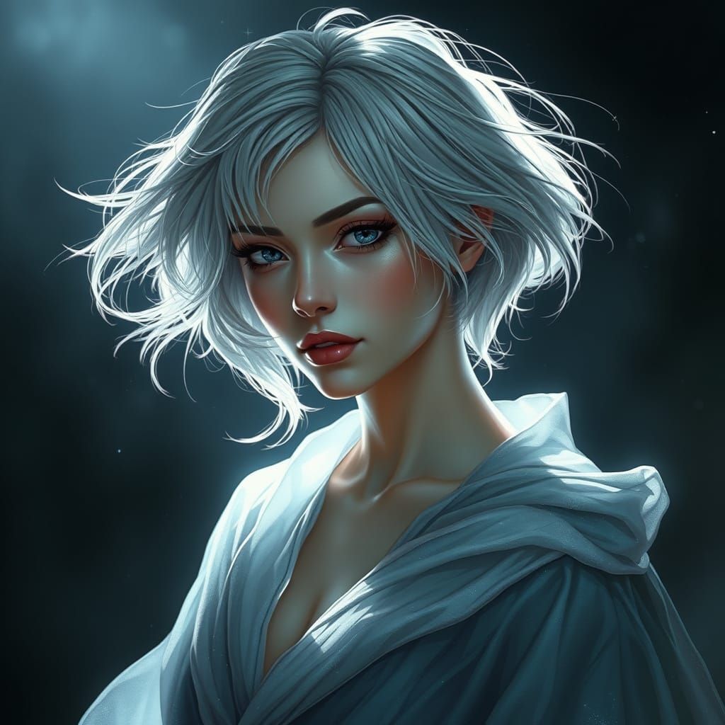 Ethereal Female with Silver Hair in Gossamer Robe