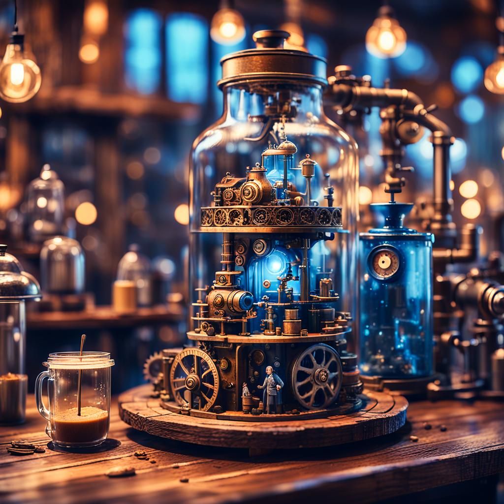Steampunk Coffee Shop in a Bottle: Fantasy Concept Art
