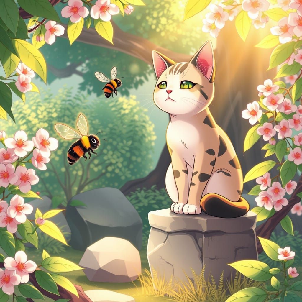 Whimsical Cat and Bumblebee in Japanese Garden