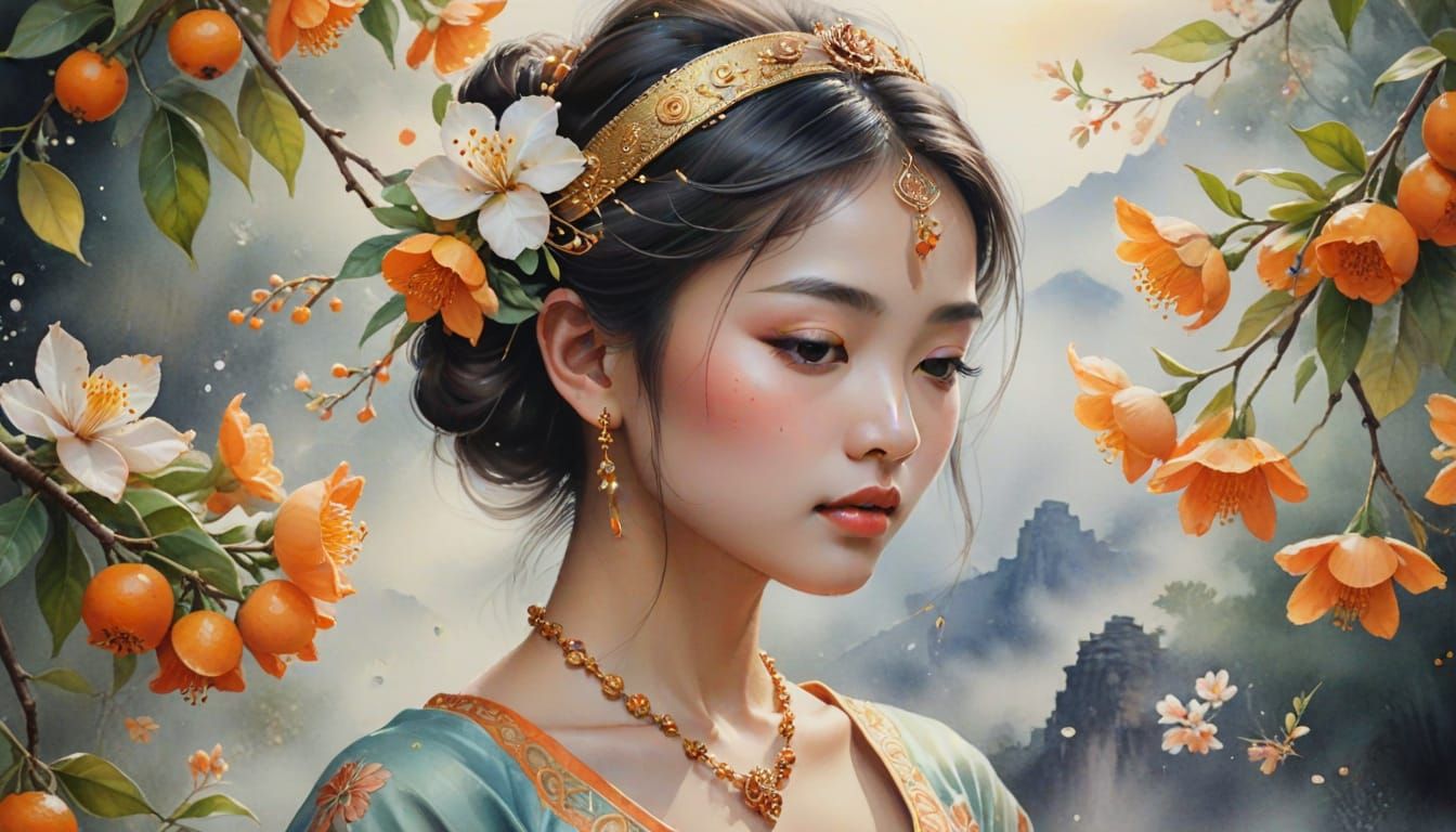 Balinese Dancer in Mandarin Blossoms: Watercolor Art