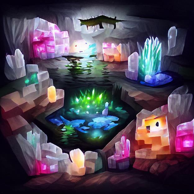Bioluminescent Crystal Cavern with Pond: Digital Art