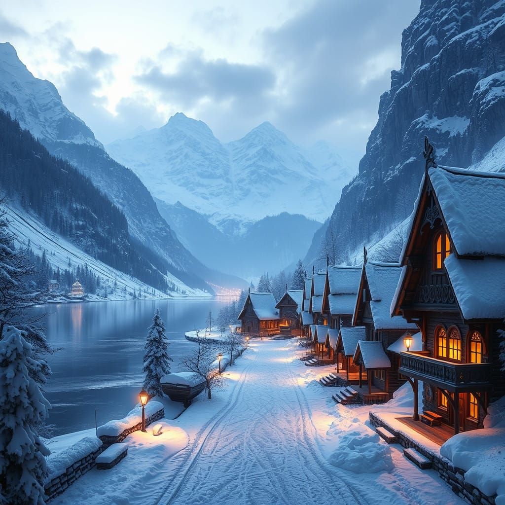 Majestic Frozen Valley in Ethereal Snowy Glow