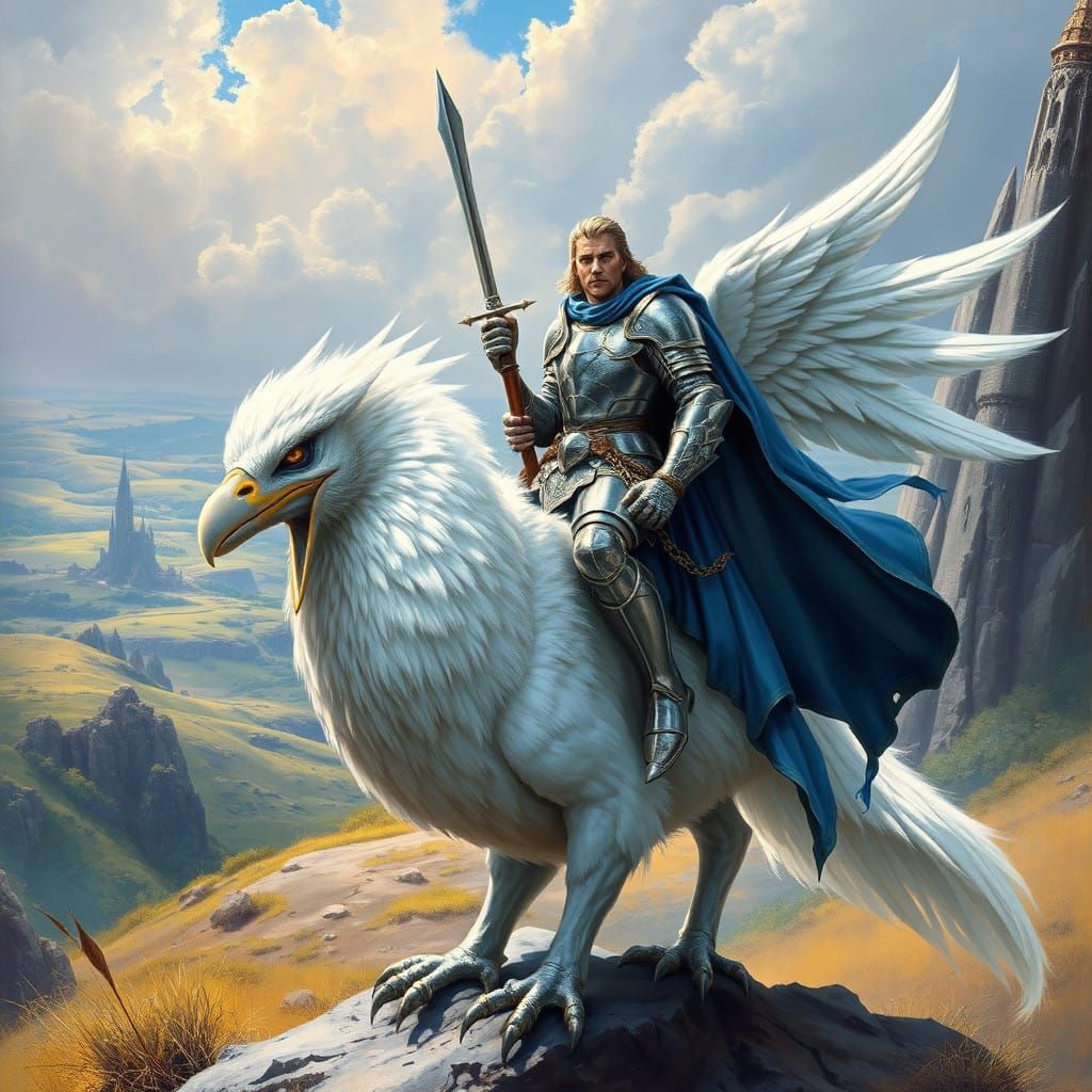 Paladin Rides a Majestic Ippogriff in a Dreamlike Fantasy La...