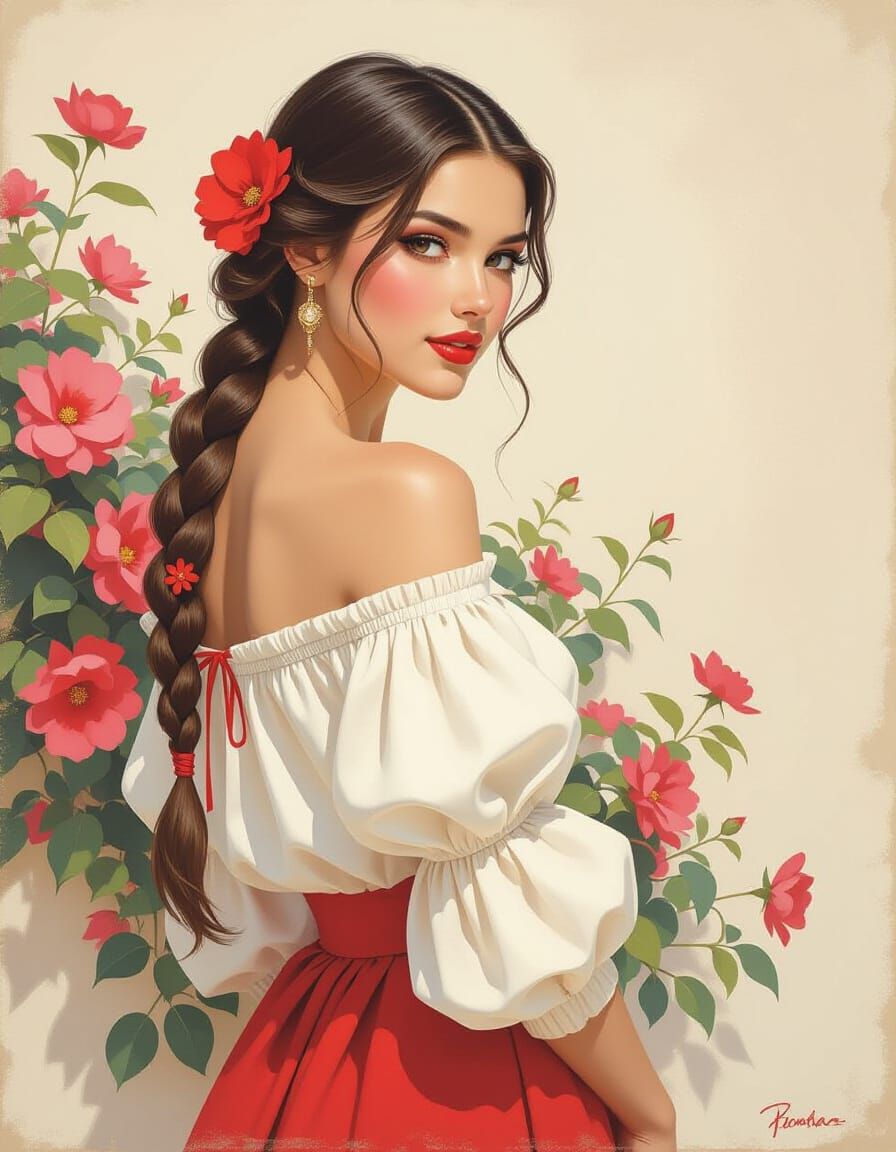 Whimsical Retro Portrait of a Young Woman in Profile