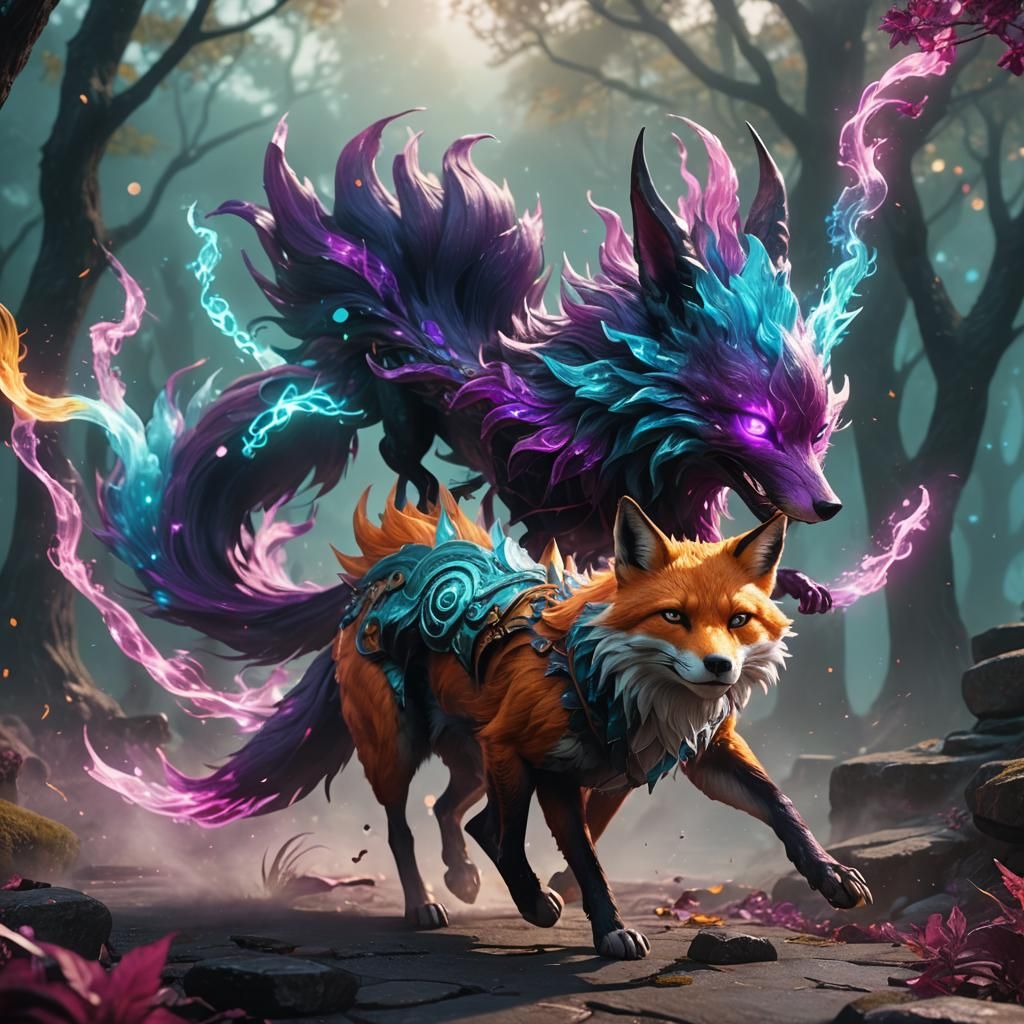 Nine-Tailed Fox vs Master Mage: Fantasy Art