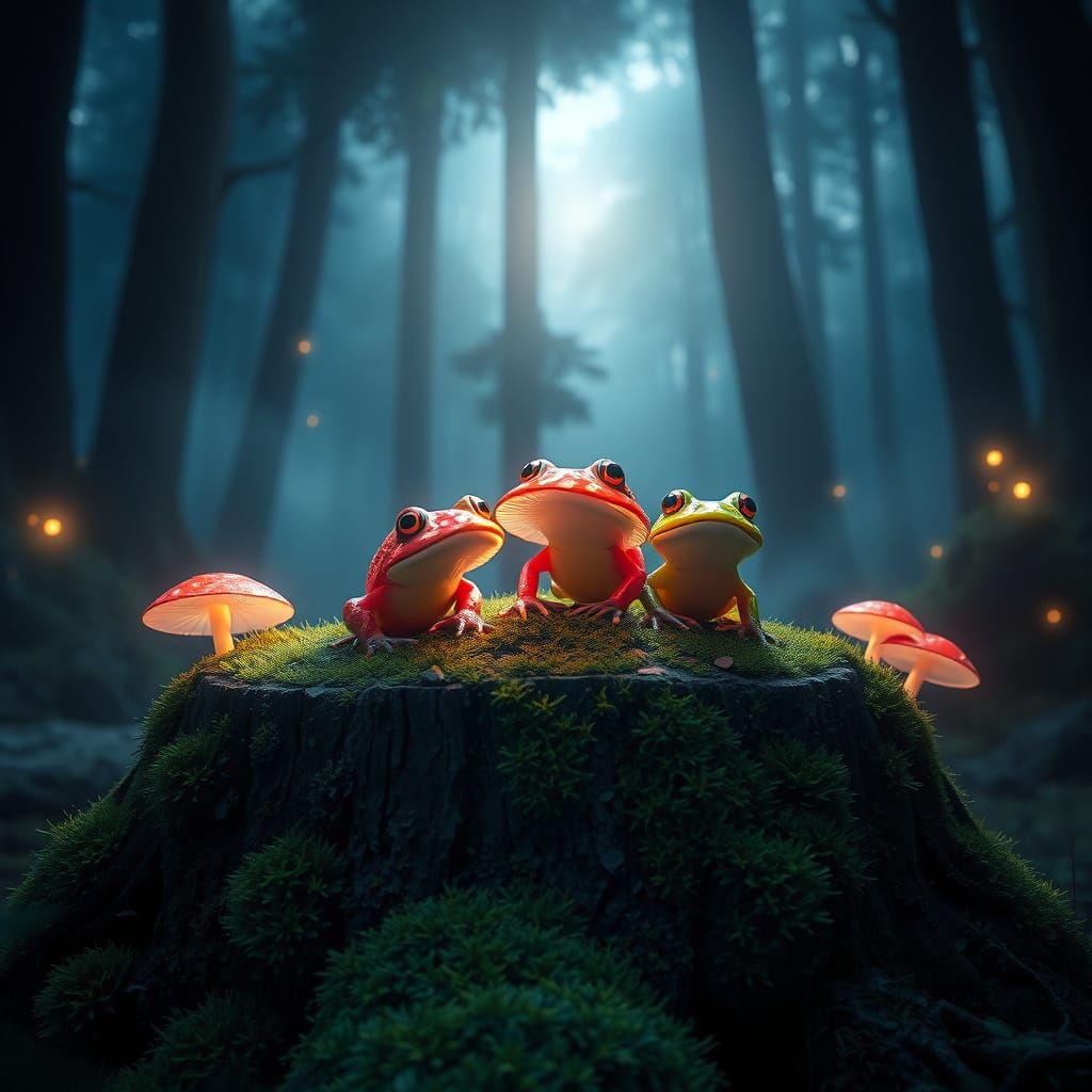 Luminous Mushroom Frogs Amidst a Whimsical Forest