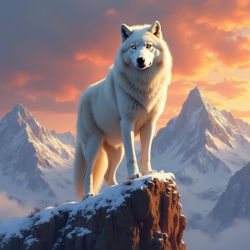 Majestic White Wolf at Sunset Landscape