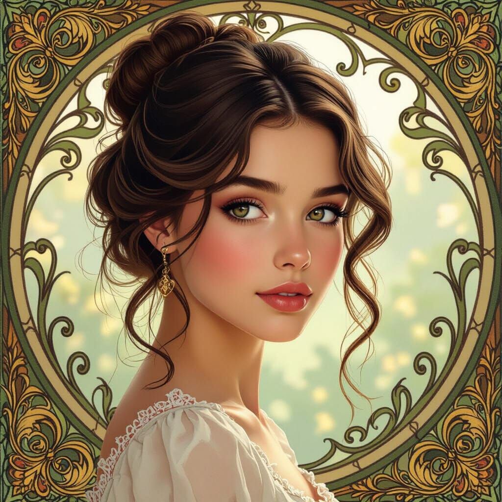Art Nouveau Portrait of a Young Woman with Hazel Eyes