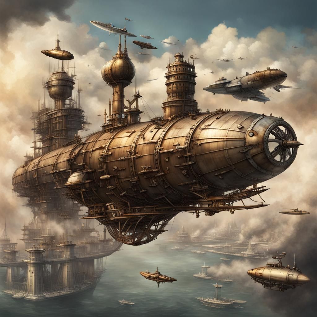 Steampunk Gothic Aerial Battleship with Turrets