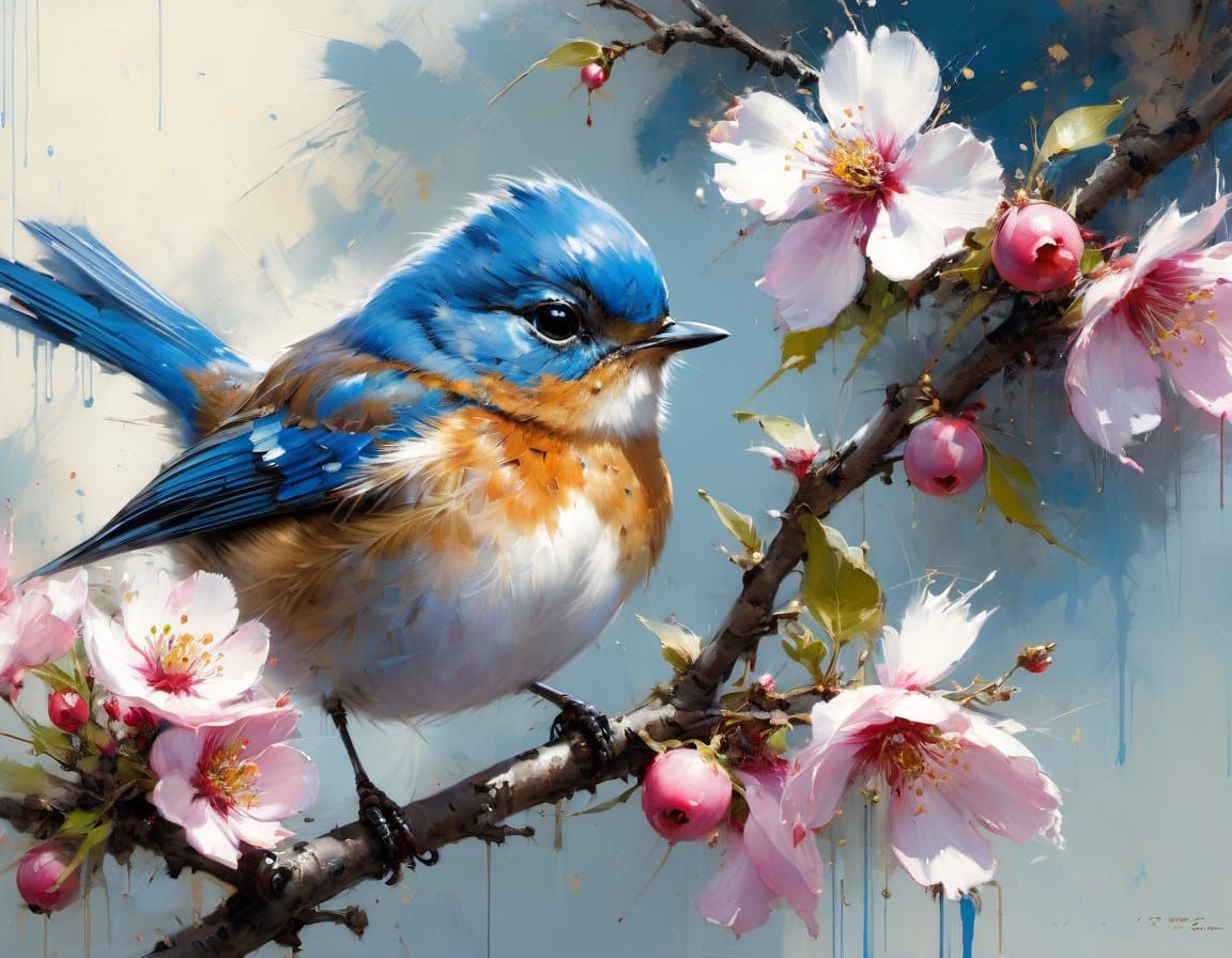 Fat Bluebird on Apple Blossom Tree, Matte Painting