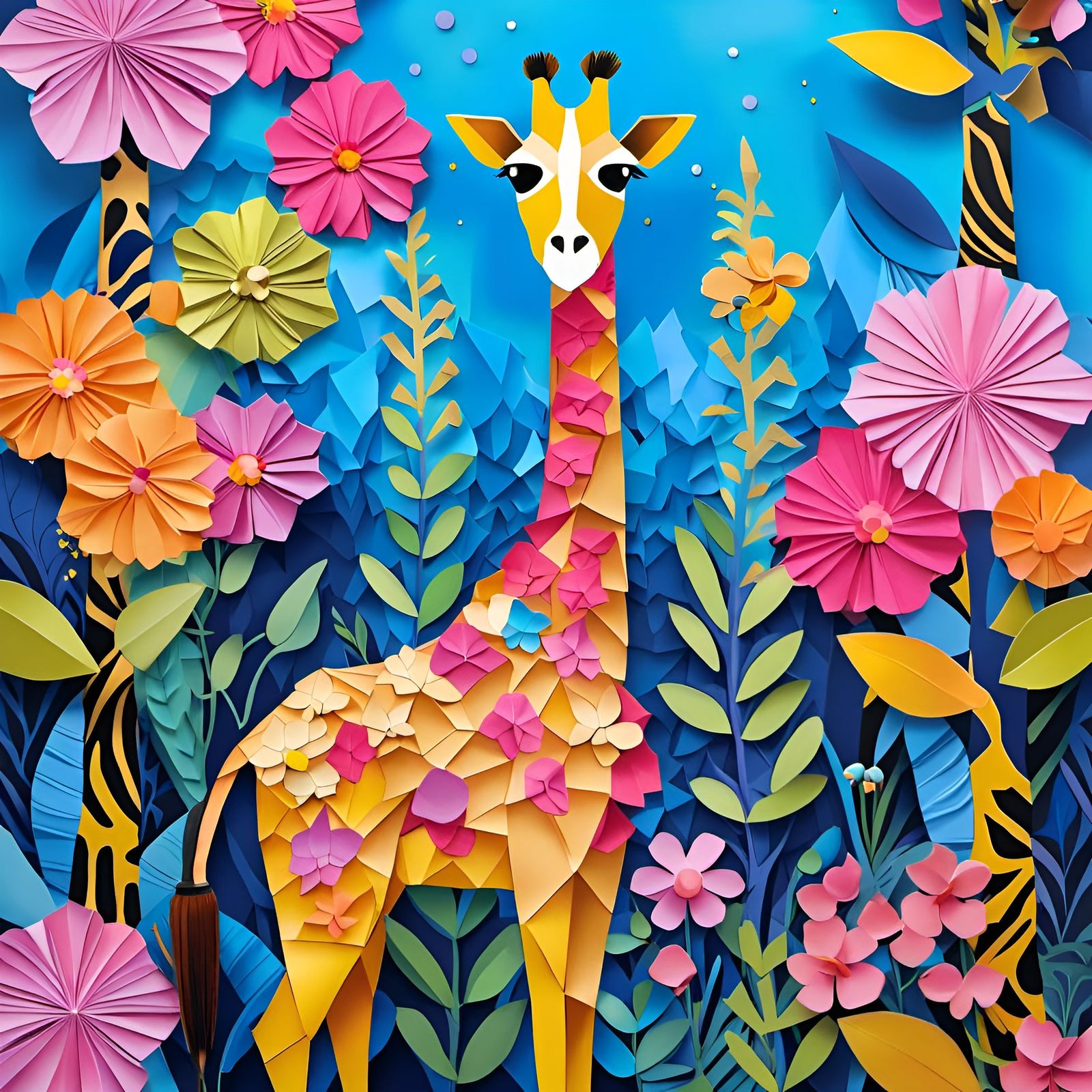 Origami Giraffe with Floral Patterns in Art Brut Style