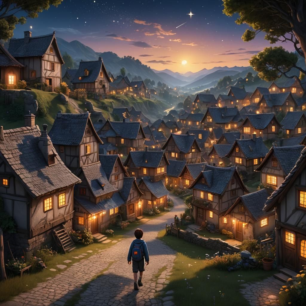 Twilight Village: Child Returning Home, Fantasy Concept Art