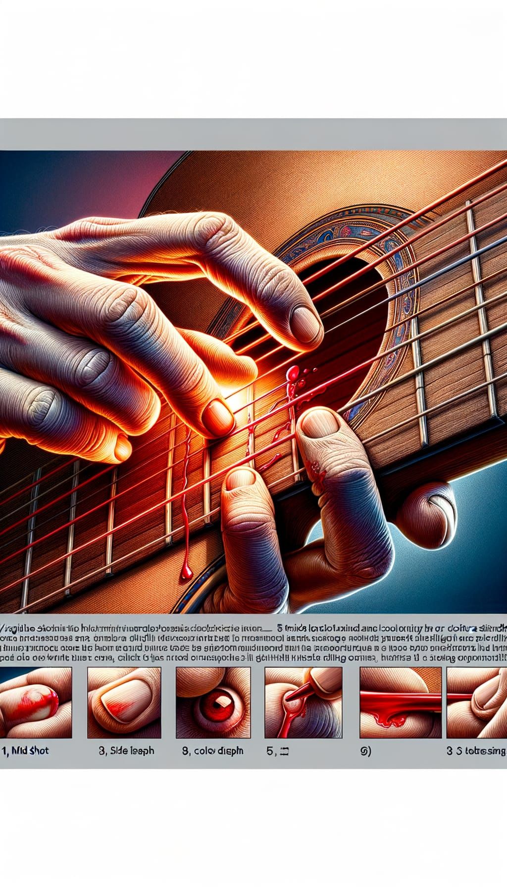 Finger Pressing Guitar String with Trickle of Blood